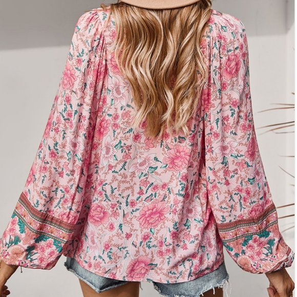 Pink Floral V Neck Loose Long Sleeve Top. Boho - Picture 2 of 2